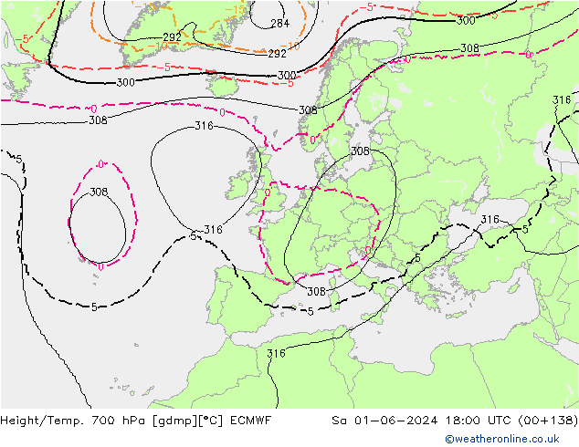 Height/Temp. 700 hPa ECMWF Sa 01.06.2024 18 UTC