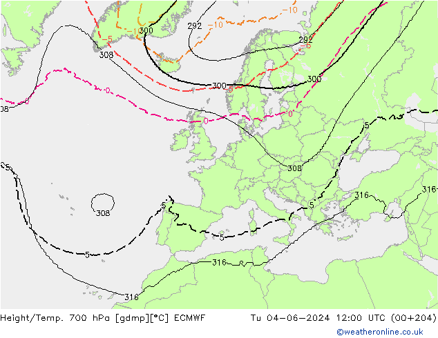 Height/Temp. 700 hPa ECMWF Di 04.06.2024 12 UTC