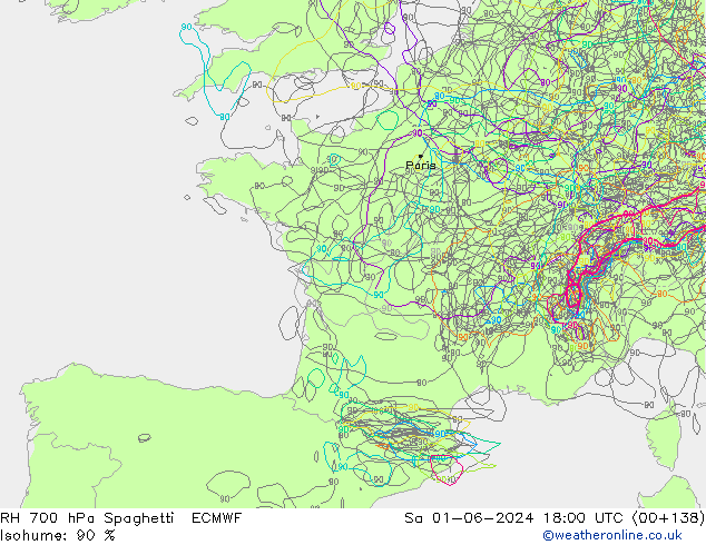 RH 700 hPa Spaghetti ECMWF Sa 01.06.2024 18 UTC