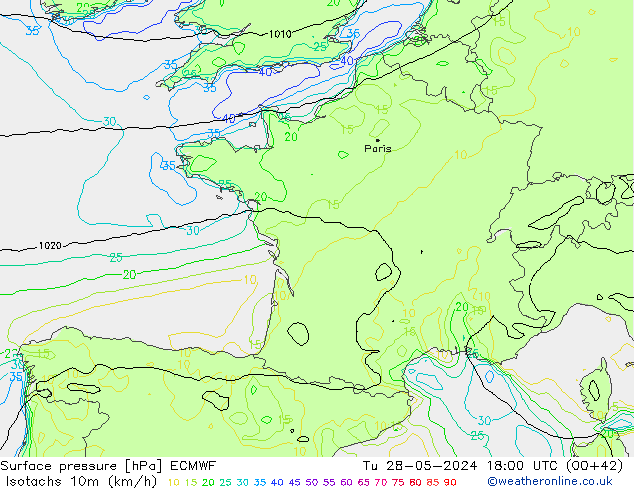 Izotacha (km/godz) ECMWF wto. 28.05.2024 18 UTC