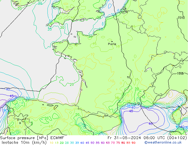 Isotaca (kph) ECMWF vie 31.05.2024 06 UTC