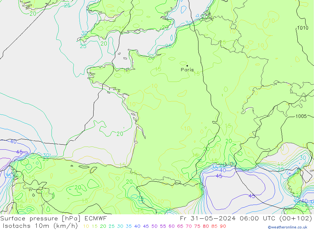 Isotaca (kph) ECMWF vie 31.05.2024 06 UTC