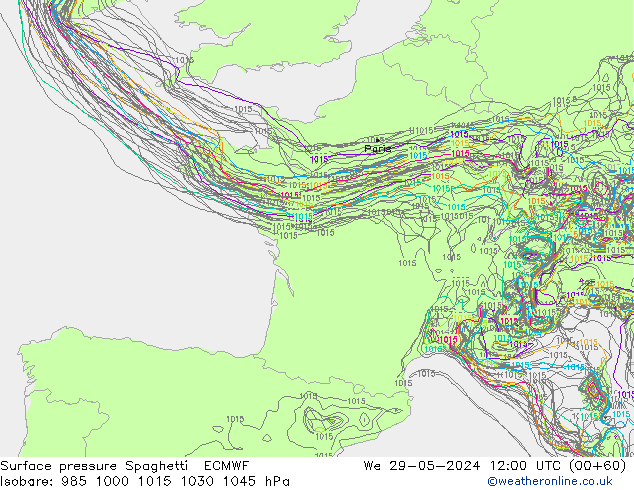 Surface pressure Spaghetti ECMWF We 29.05.2024 12 UTC