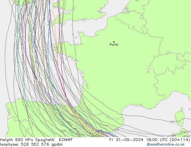 Height 500 hPa Spaghetti ECMWF Fr 31.05.2024 18 UTC