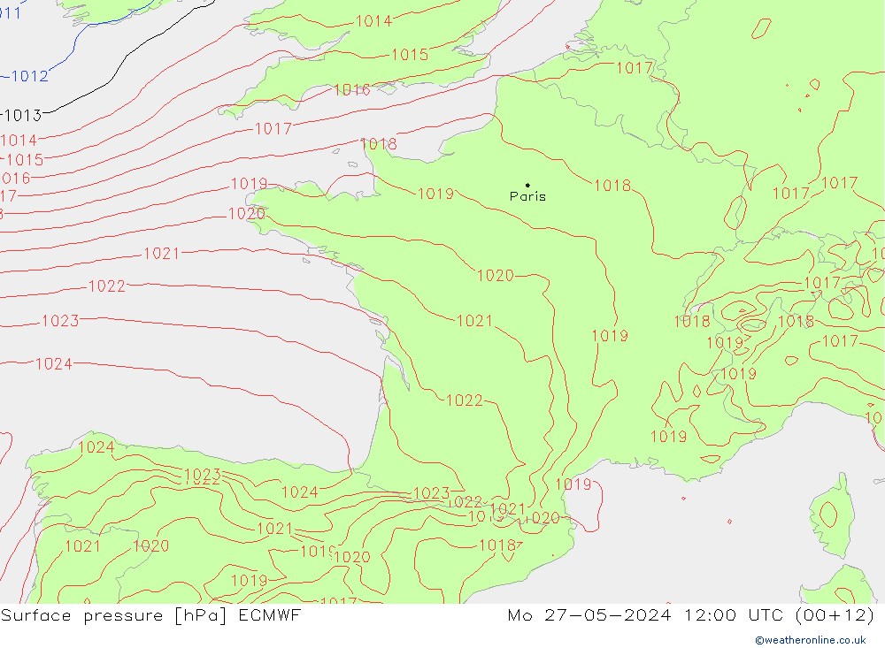 Bodendruck ECMWF Mo 27.05.2024 12 UTC