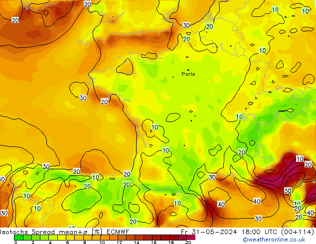 Isotachs Spread ECMWF Pá 31.05.2024 18 UTC