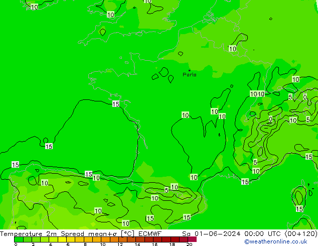 карта температуры Spread ECMWF сб 01.06.2024 00 UTC