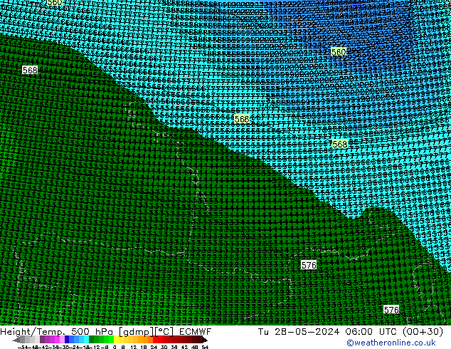 Hoogte/Temp. 500 hPa ECMWF di 28.05.2024 06 UTC