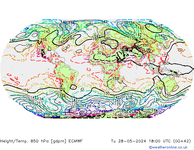 Hoogte/Temp. 850 hPa ECMWF di 28.05.2024 18 UTC