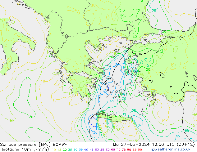 Isotachs (kph) ECMWF Mo 27.05.2024 12 UTC