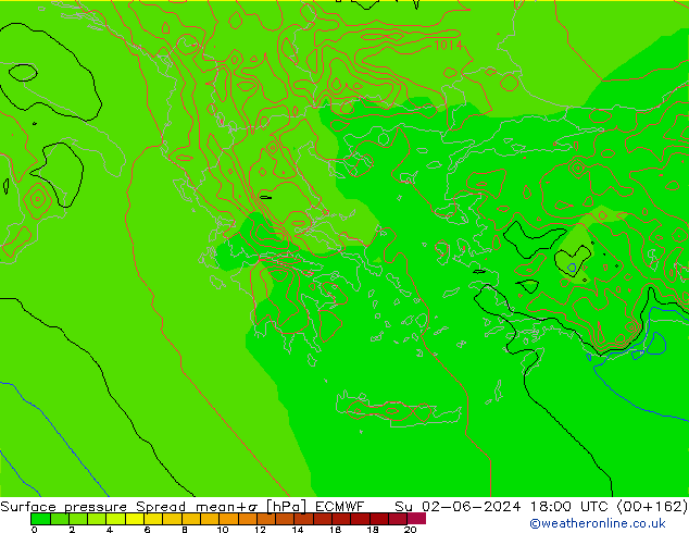 Atmosférický tlak Spread ECMWF Ne 02.06.2024 18 UTC