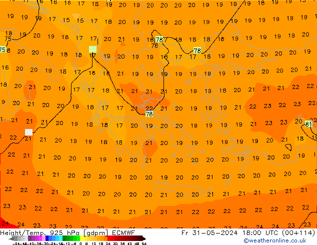 Height/Temp. 925 hPa ECMWF Pá 31.05.2024 18 UTC