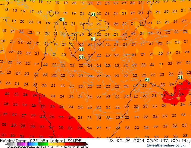 Height/Temp. 925 hPa ECMWF Su 02.06.2024 00 UTC