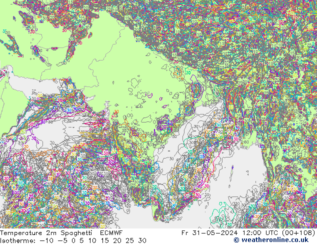 Temperatuurkaart Spaghetti ECMWF vr 31.05.2024 12 UTC