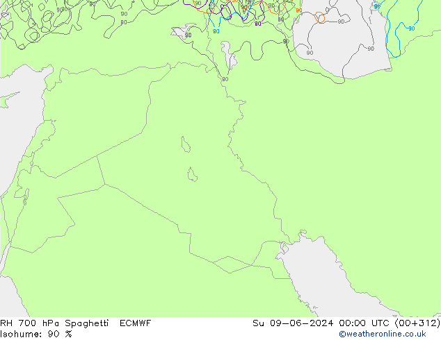 RH 700 hPa Spaghetti ECMWF Ne 09.06.2024 00 UTC