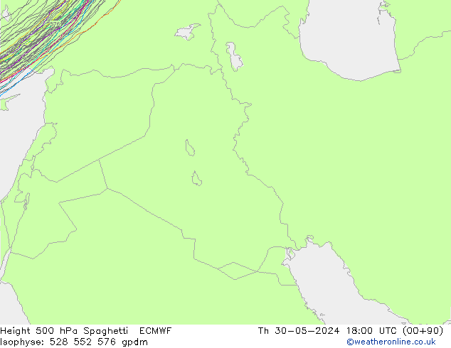 Height 500 hPa Spaghetti ECMWF Do 30.05.2024 18 UTC