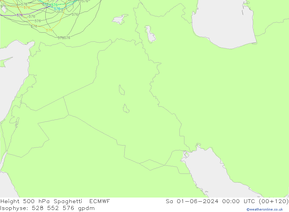 Height 500 hPa Spaghetti ECMWF Sa 01.06.2024 00 UTC