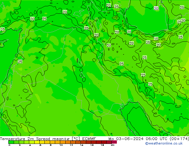 Temperature 2m Spread ECMWF Mo 03.06.2024 06 UTC