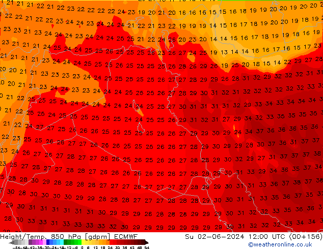 Height/Temp. 850 hPa ECMWF Su 02.06.2024 12 UTC