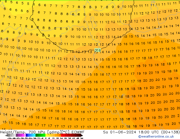 Height/Temp. 700 hPa ECMWF Sa 01.06.2024 18 UTC