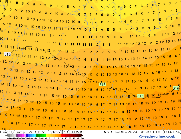 Height/Temp. 700 hPa ECMWF lun 03.06.2024 06 UTC