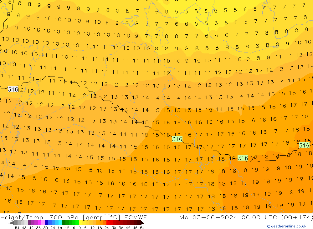 Géop./Temp. 700 hPa ECMWF lun 03.06.2024 06 UTC