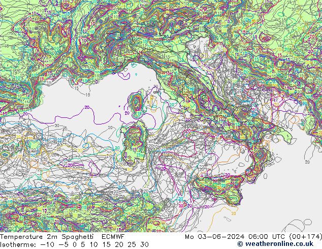 Temperature 2m Spaghetti ECMWF Po 03.06.2024 06 UTC