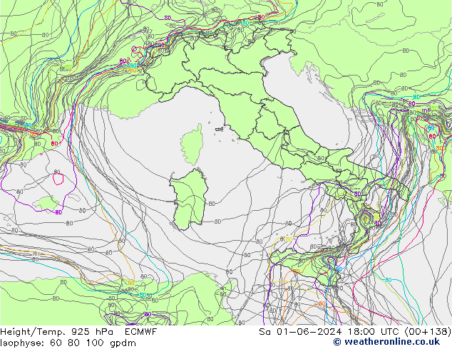 Geop./Temp. 925 hPa ECMWF sáb 01.06.2024 18 UTC