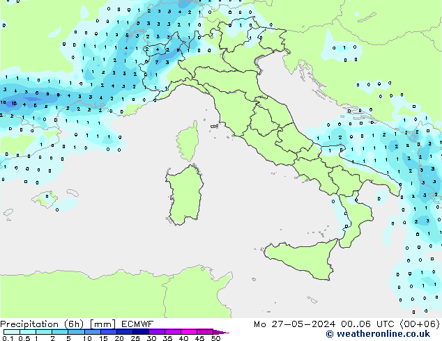 Precipitation (6h) ECMWF Po 27.05.2024 06 UTC