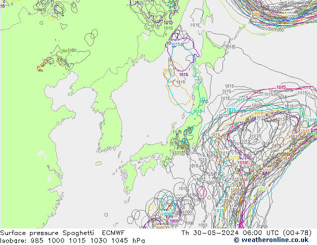 Surface pressure Spaghetti ECMWF Th 30.05.2024 06 UTC