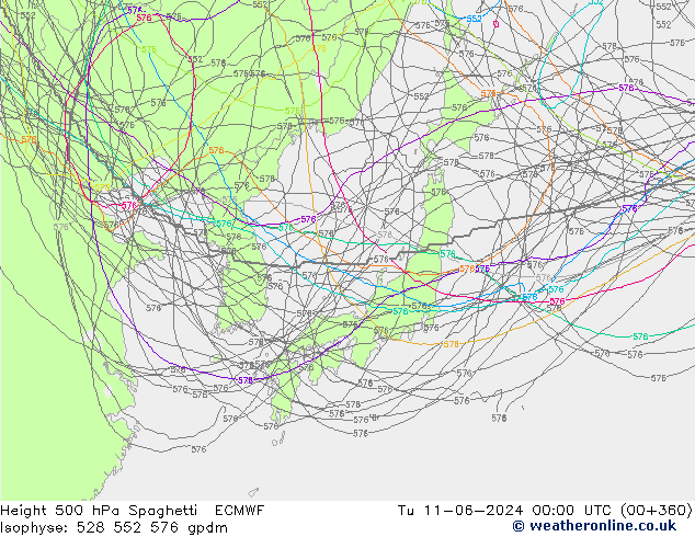 Geop. 500 hPa Spaghetti ECMWF mar 11.06.2024 00 UTC