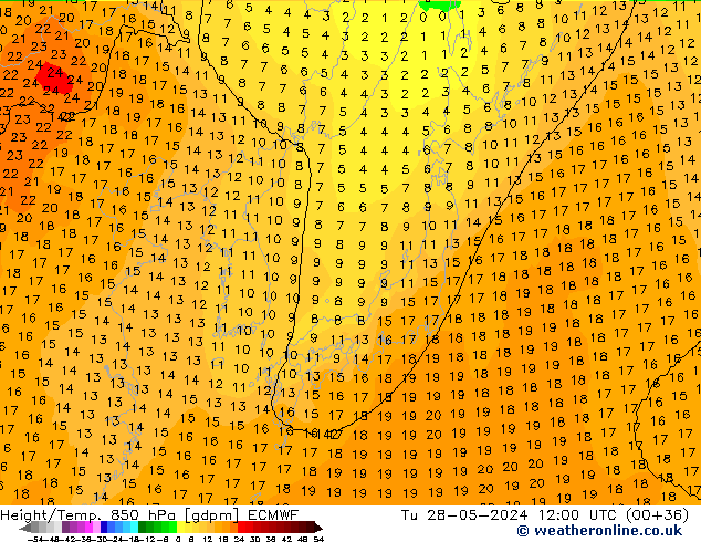 Height/Temp. 850 hPa ECMWF Tu 28.05.2024 12 UTC