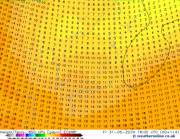 Height/Temp. 850 гПа ECMWF пт 31.05.2024 18 UTC