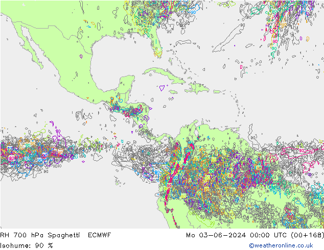 RH 700 hPa Spaghetti ECMWF  03.06.2024 00 UTC