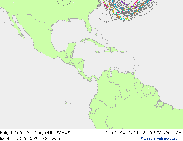 Height 500 hPa Spaghetti ECMWF Sáb 01.06.2024 18 UTC