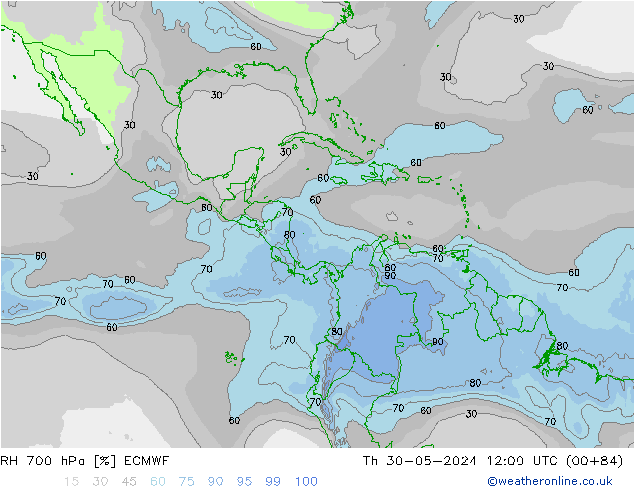 RH 700 hPa ECMWF czw. 30.05.2024 12 UTC