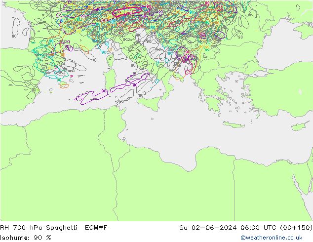 RH 700 hPa Spaghetti ECMWF Dom 02.06.2024 06 UTC