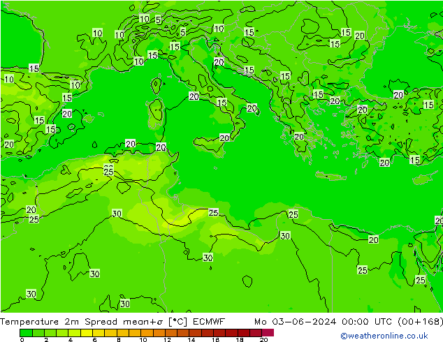 карта температуры Spread ECMWF пн 03.06.2024 00 UTC