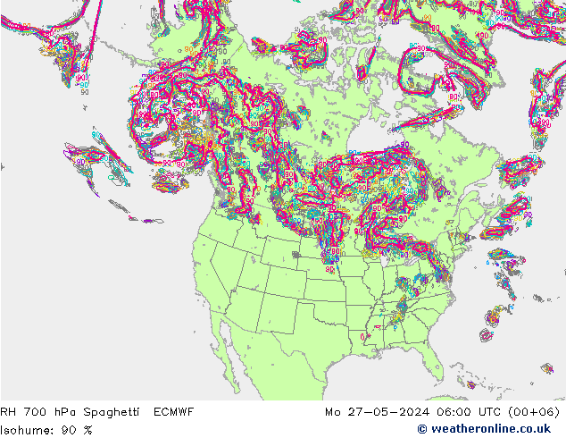 RH 700 hPa Spaghetti ECMWF Po 27.05.2024 06 UTC