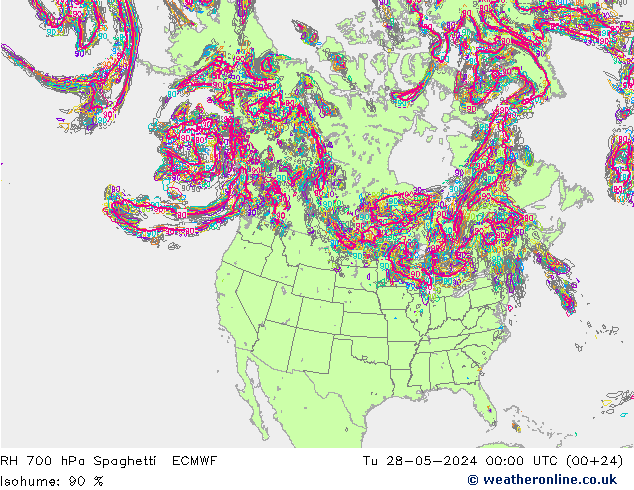 RH 700 hPa Spaghetti ECMWF Tu 28.05.2024 00 UTC