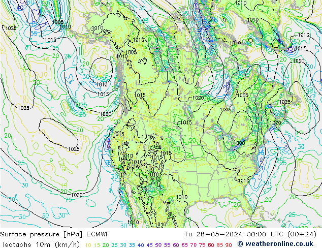 Isotachen (km/h) ECMWF Di 28.05.2024 00 UTC