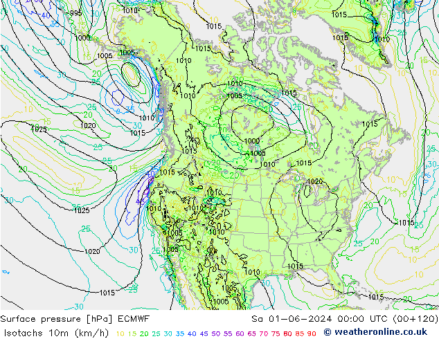 Isotachs (kph) ECMWF sam 01.06.2024 00 UTC