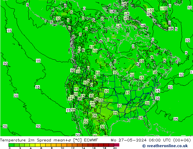 Temperatura 2m Spread ECMWF Seg 27.05.2024 06 UTC