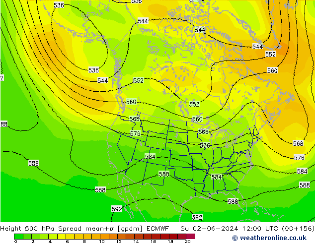 Hoogte 500 hPa Spread ECMWF zo 02.06.2024 12 UTC