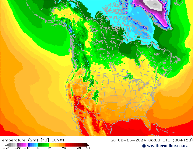 Temperatuurkaart (2m) ECMWF zo 02.06.2024 06 UTC