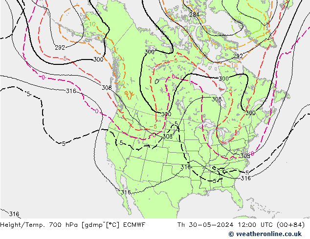 Height/Temp. 700 hPa ECMWF Do 30.05.2024 12 UTC