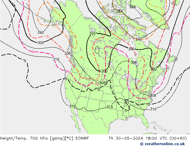 Height/Temp. 700 hPa ECMWF gio 30.05.2024 18 UTC