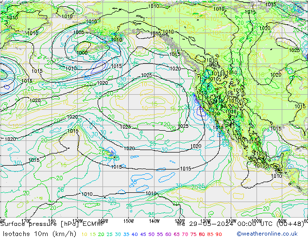 Isotachs (kph) ECMWF We 29.05.2024 00 UTC