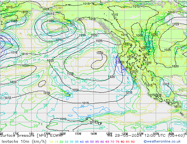 Isotachs (kph) ECMWF We 29.05.2024 12 UTC