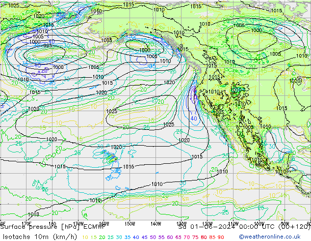 Isotachen (km/h) ECMWF za 01.06.2024 00 UTC